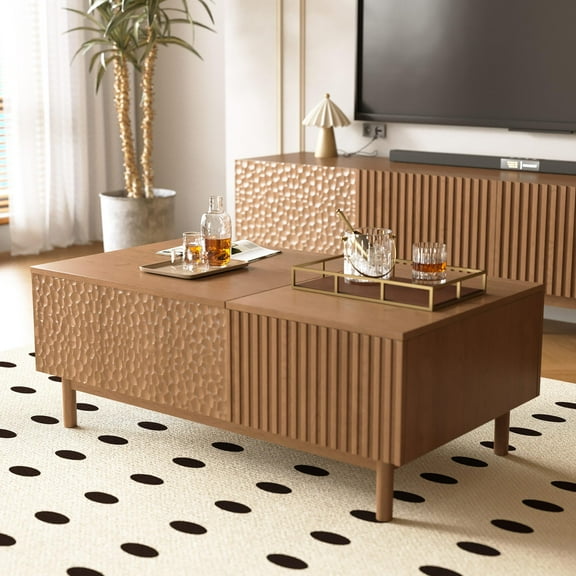 NessCarsti 51.1" Mid-Century Modern Lift Top Coffee Table, Walnut Rectangular Center Table with Hidden Storage, Drawers & Sturdy Wooden Legs, for Living Room, Apartment, Office