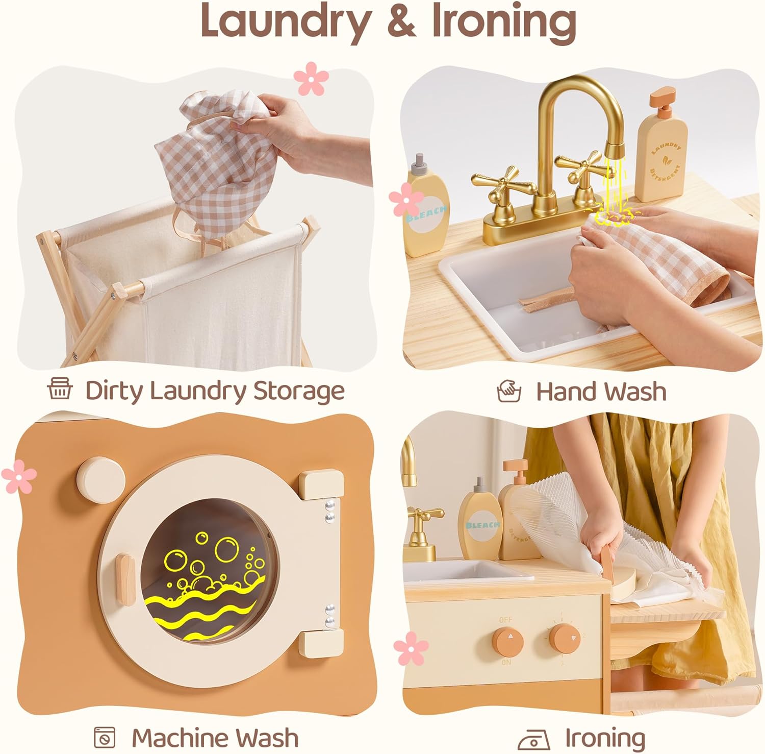 Robud Kitchen Washer Playset Pretend Play Toy Washing Machine with Clothes Basket, Iron and Sink for Kids Age 3+,Caramel