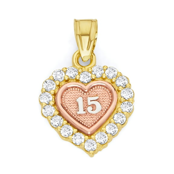 10k Real Solid Tri Color Gold Quinceanera Heart with CZ Stones 15 Jewely 15th Birthday Jewelry for Her