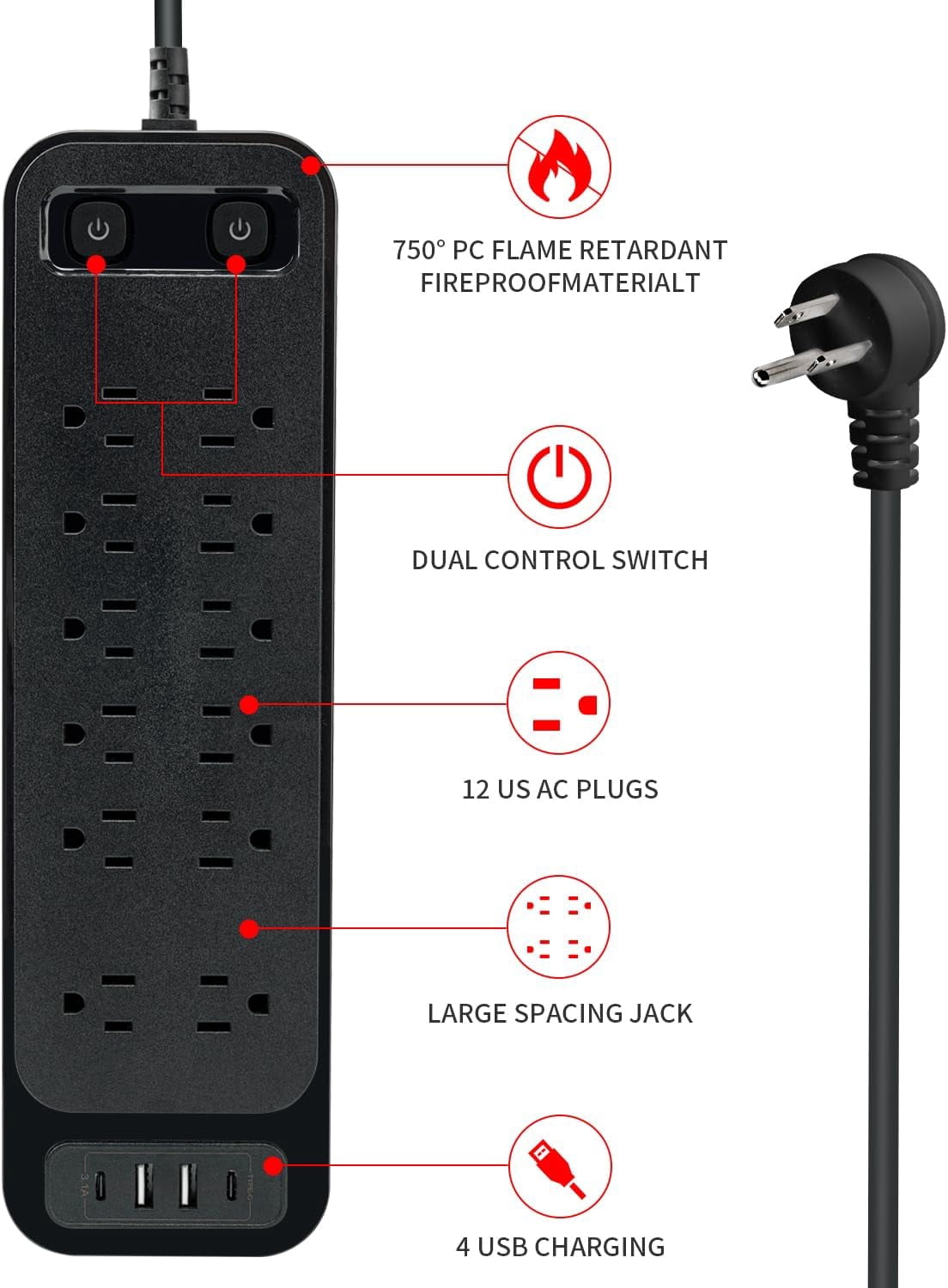 Power Strip with Surge Protection, Plug 12 Outlet Surge Protector Extender with 2 USB & USB-C Port, Flat Plug Extension Cord, Outlet Extender for Living Room, Bedroom, Travel, College, Dorm