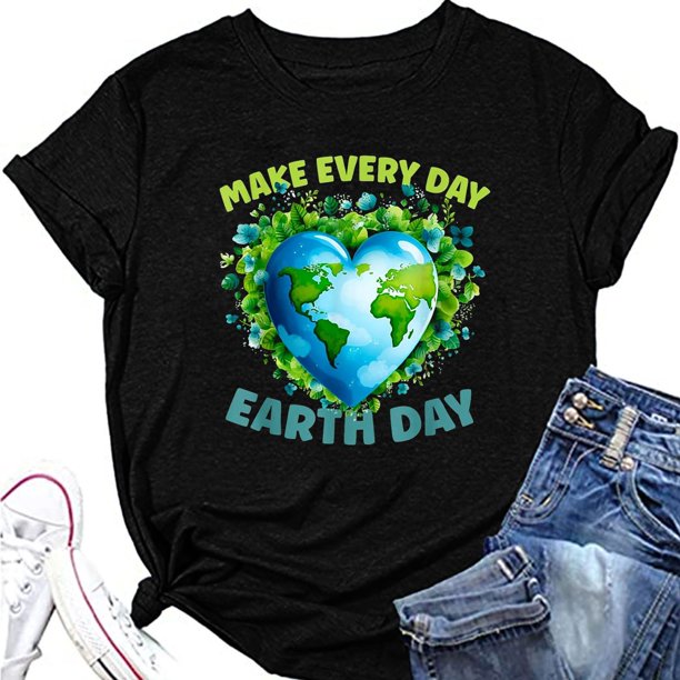 MKLEKYY Playeras Camiseta Del Día De La Tierra Para Mujer, Camiseta Diaria Del Día De La Tierra, Camiseta Con Gráficos Naturales, Top Casual De Manga Corta Talla L