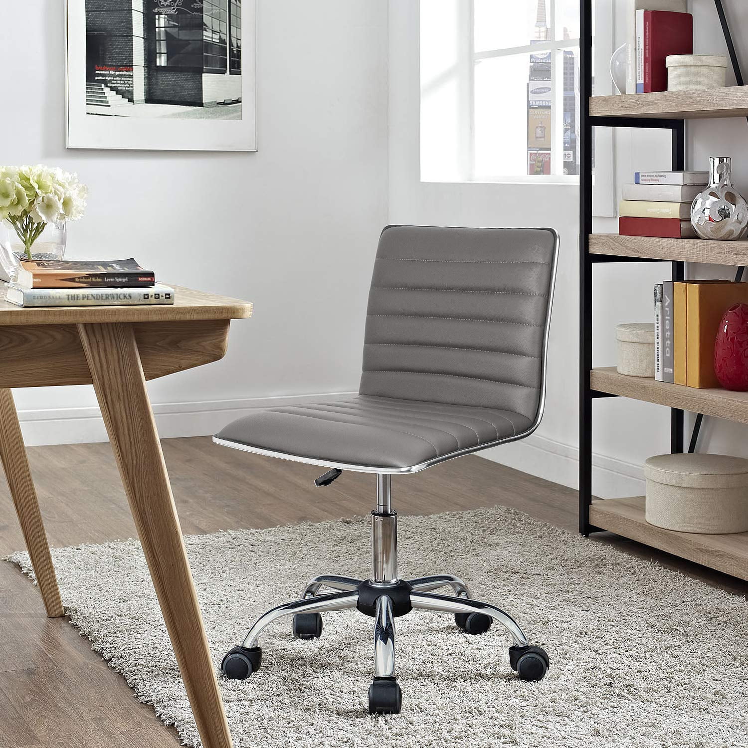 Lacoo Faux Leather Mid Back Task Chair Swivel Office Desk Chair, Gray