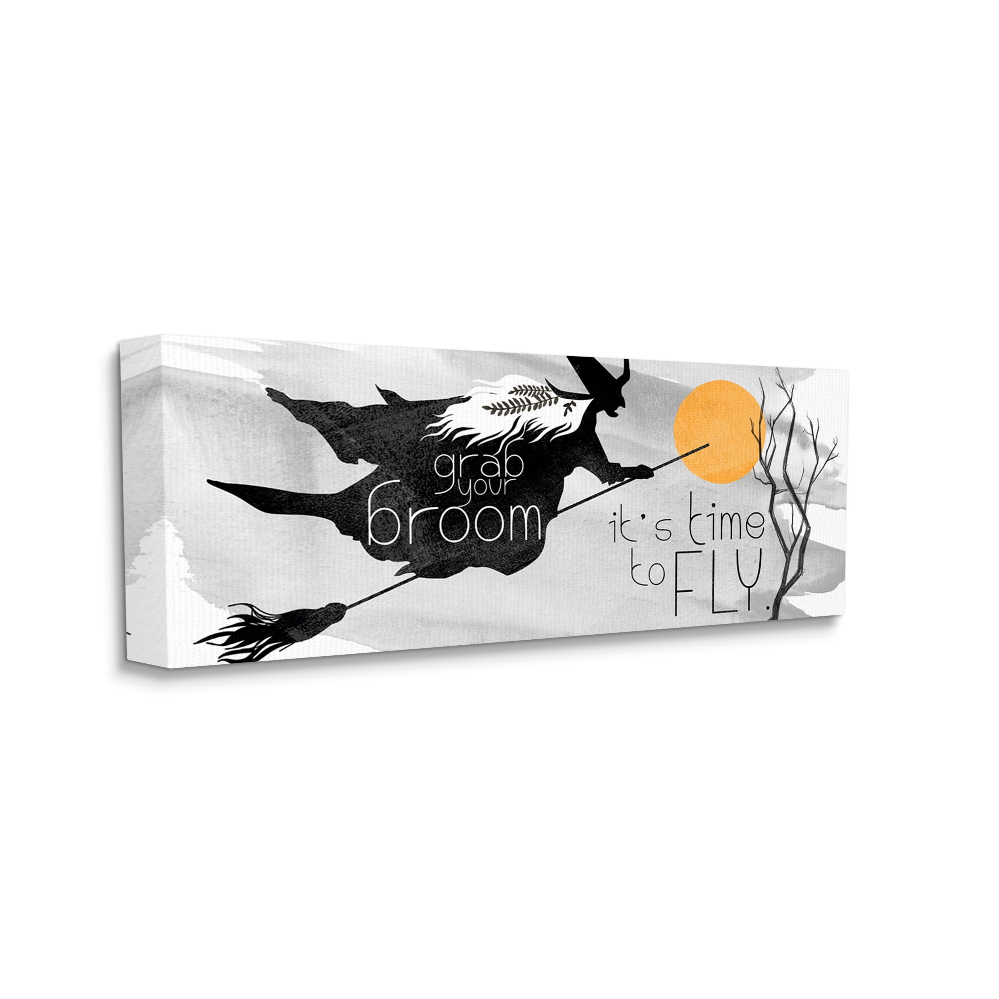 Flying Witch Broom Typography Nighttime Halloween Sky Fairy Tales & Fantasy Graphic Art Gallery-Wrapped Canvas Print Wall Art