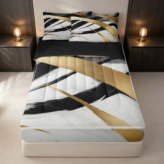 Erosebridal Gold White Black Zipper Twin Comforter Sets with Fitted Sheet and 2 Pillowcases, Abstract Aesthetic Zipper Bedding Set, Black Reversible