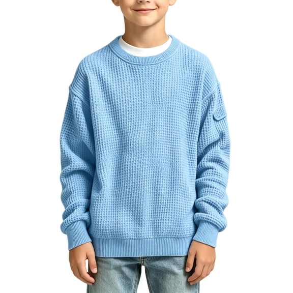 WDWYY Boys Waffle Knit Crew Neck Sweatshirt Arm Pocket Casual School Long Sleeve Loose Fit Pullover Top Light Blue 9-10 Years