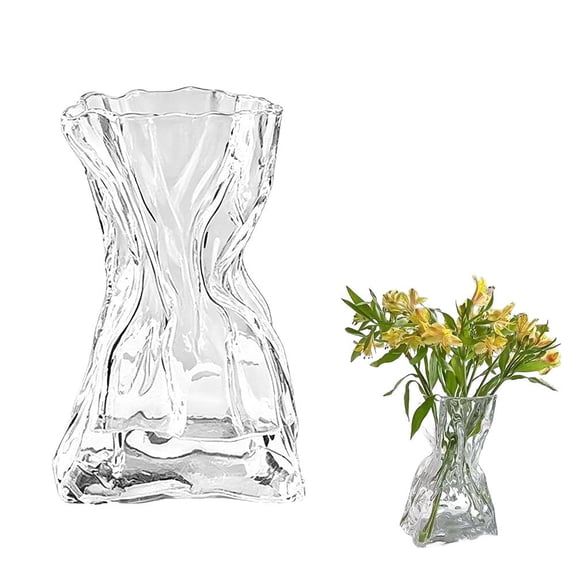 Crystal Glass Flower Vase Irregular Crinkle Paper Bag Shape Glass Vase, Modern Art Decorative Vases, for Centerpiece Table Indoor Desk Decor, Home Office Wedding Bookshelf