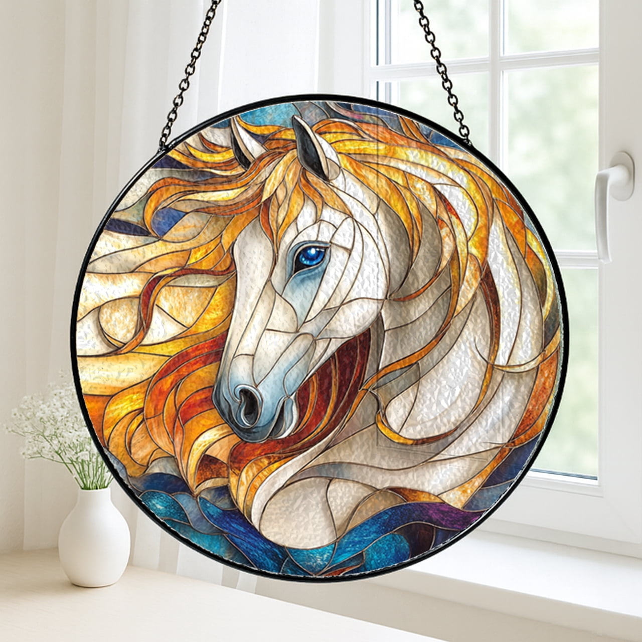 Faux Stained Glass Cremello Horse Panel, Rustic Country Window Art