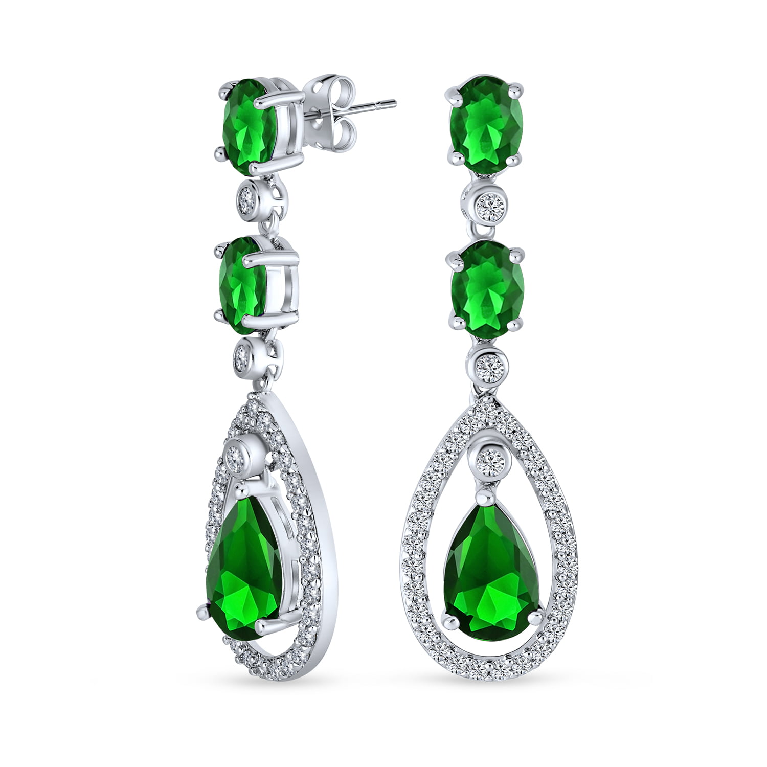 Art Deco Emerald Drop Earrings silver statement dangle long geometric crystal 