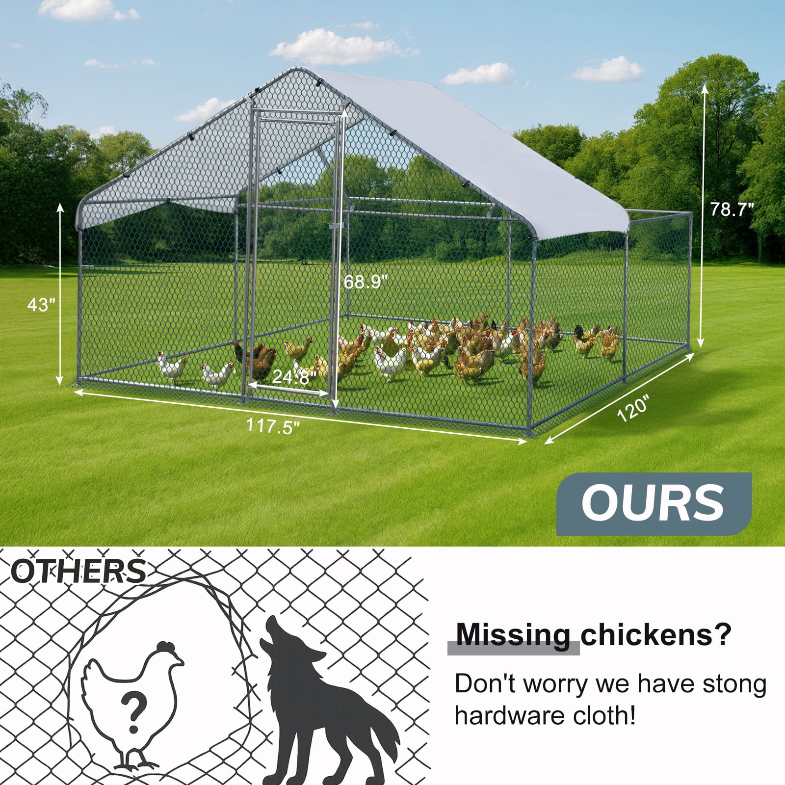 Large Peak Walk-in Chicken Coop, Heavy Duty Metal Chicken Run for Chickens with Waterproof and Anti-UV Cover, for Outdoor and Yard Farm Use, 9.8' x 6.5' x 6.5'