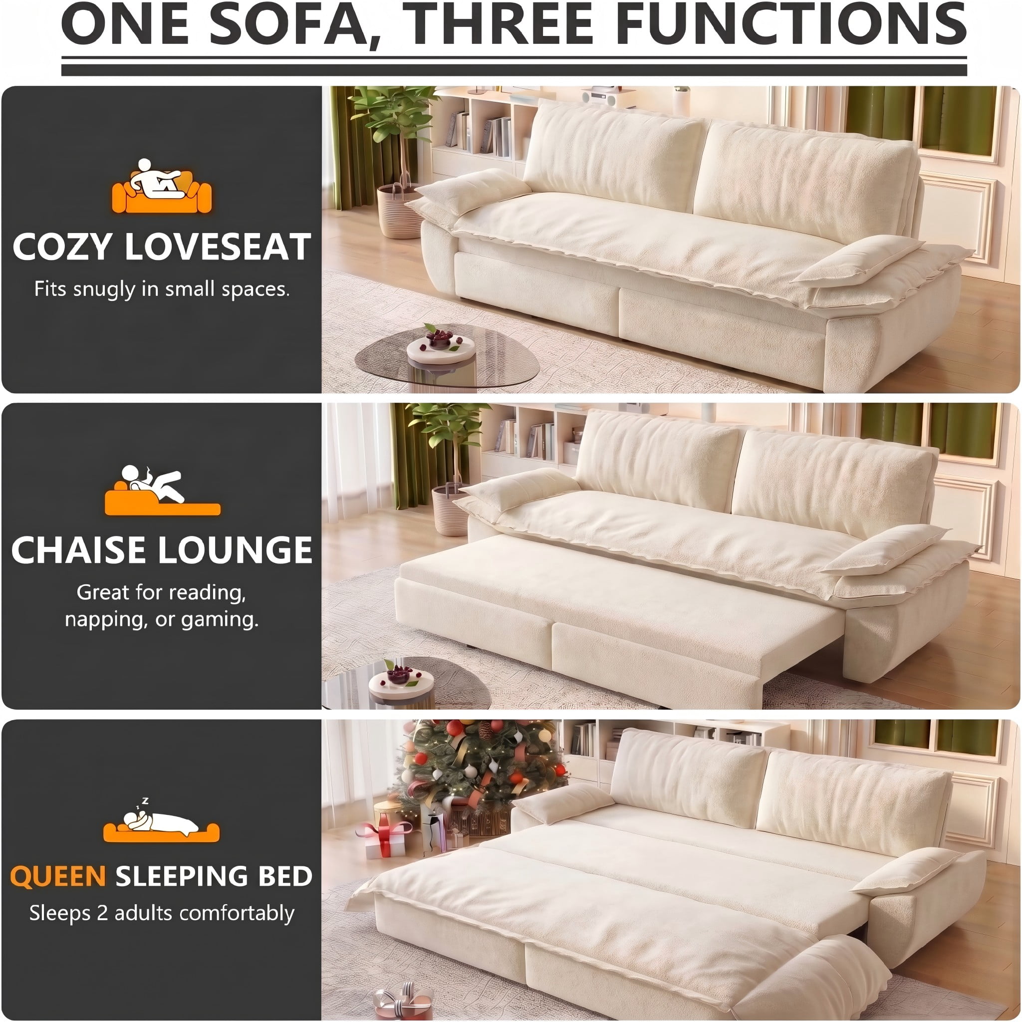 Multi-Functional Velvet 3-in-1 Convertible Sofa Bed, Queen Size Sleeper Loveseat with 2 Pillows, Beige