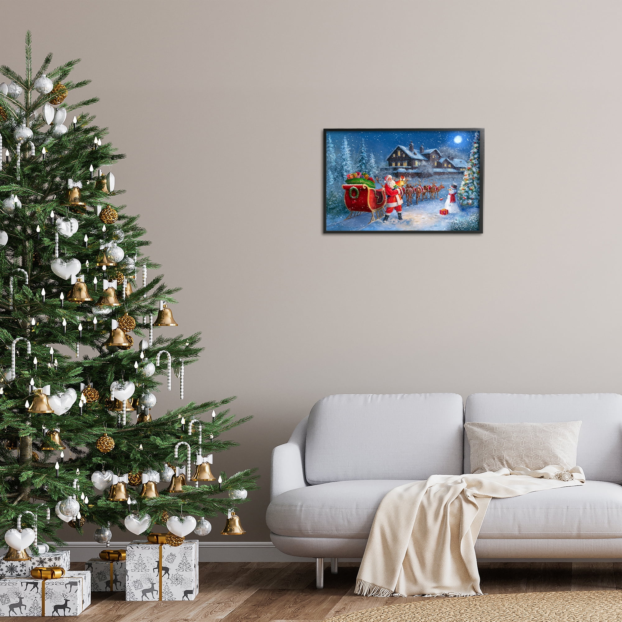 Stupell Industries Santa Snowy Night View Holiday Painting Black Framed Art Prints Wall Art, 24 x 16