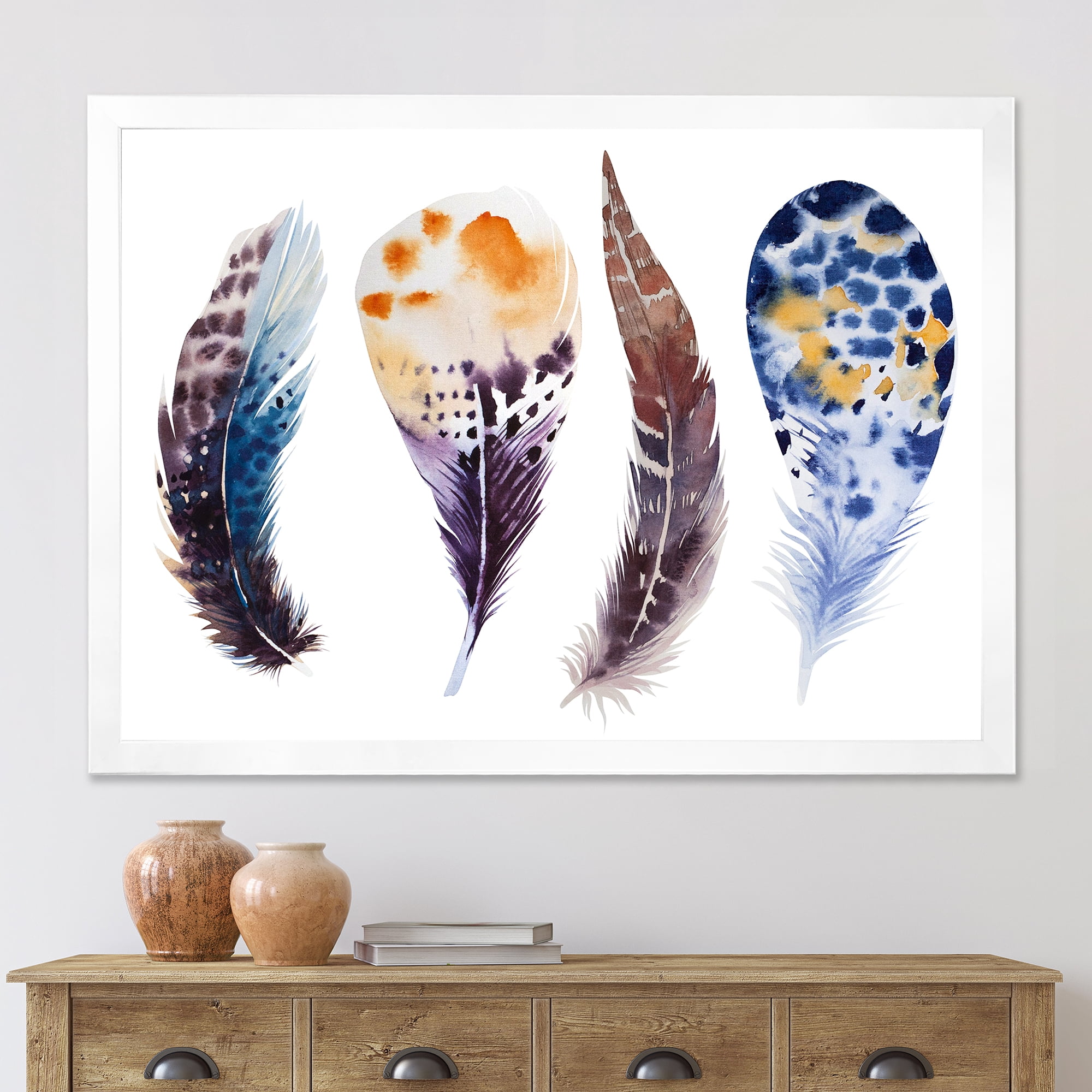 Designart 'Colourful Boho Feather Set On White VIII' Bohemian & Eclectic Framed Art Print