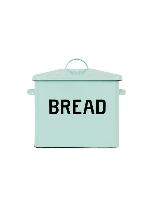 Woven Paths Enameled Metal Distressed Light Blue "BREAD" Box with Lid