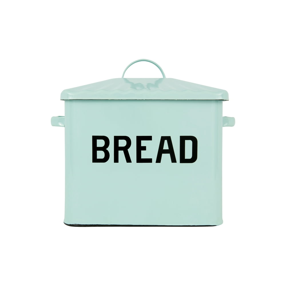 Enameled Metal Distressed Light Blue "BREAD" Box with Lid