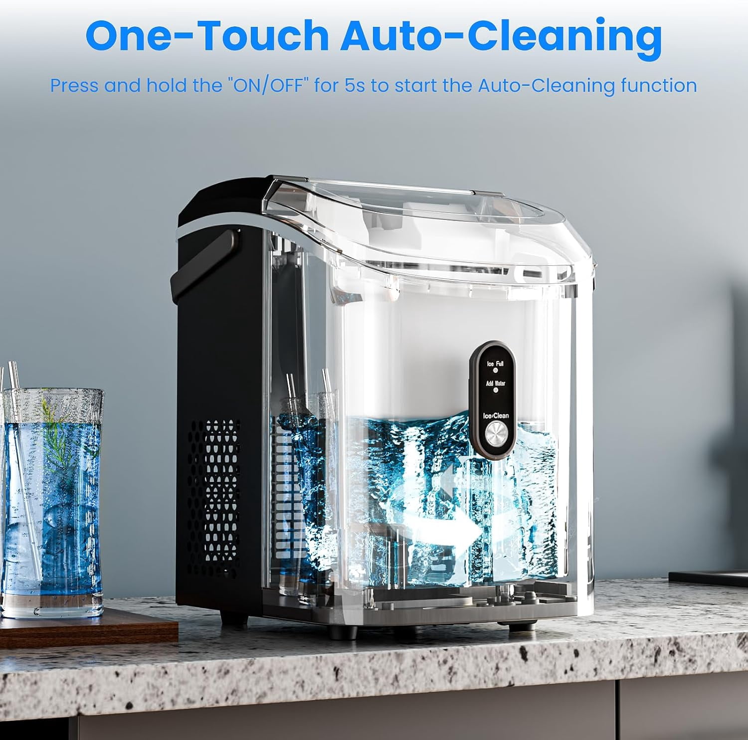 FREE VILLAGE Nugget Ice Makers Countertop,Portable Ice Maker Machine with Self-Cleaning,35lbs/24H,Crushed Ice Machine with Handle & Scoop for Home,Kitchen,Office and Camping - Black