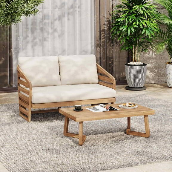 Christopher Knight Home 2-Piece Outdoor Patio Loveseat & Coffee Table with Cushions, Slatted Wood Frame, Teak Beige