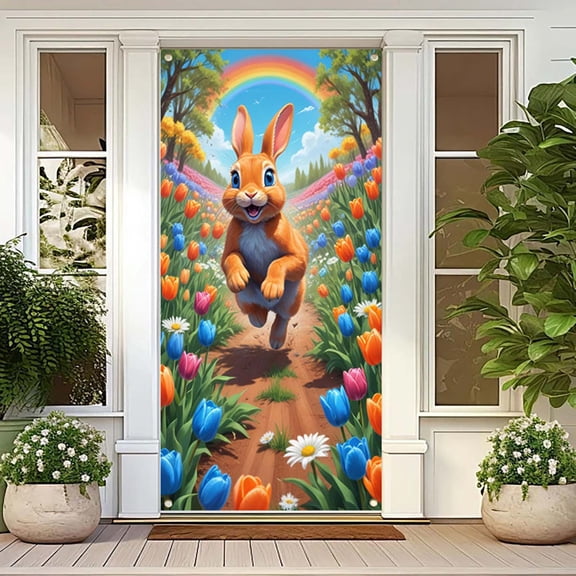 Kugisaki Easter Door Cover Bunny Printed Large Door Banner for Easter Party Holiday Wedding Garden Flag Party Outdoor Decor 71x35 Inch