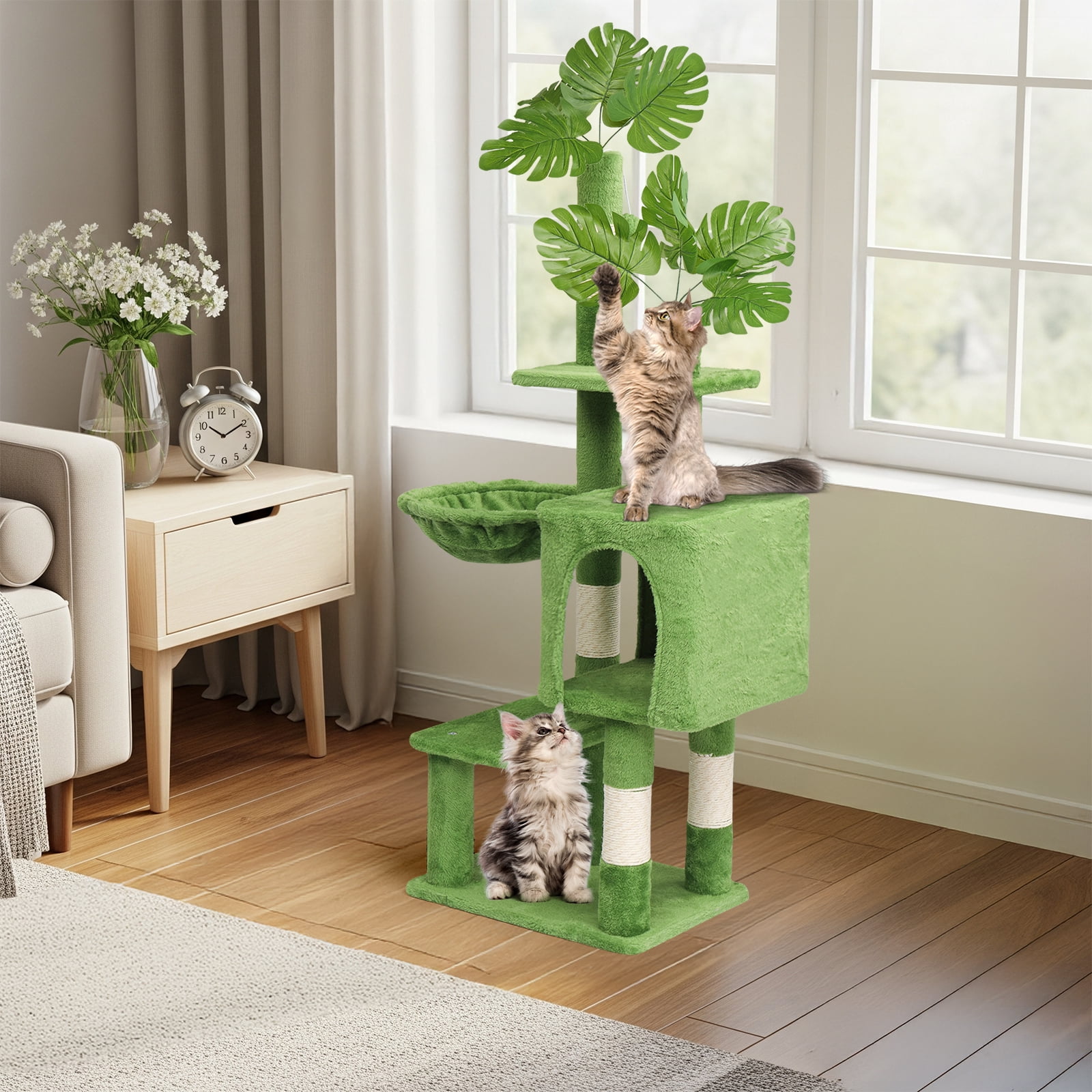 UBesGoo 48in Plush Cat Tree with Leaves, Multi-Level Tower with Condo, Hammock & Scratching Posts