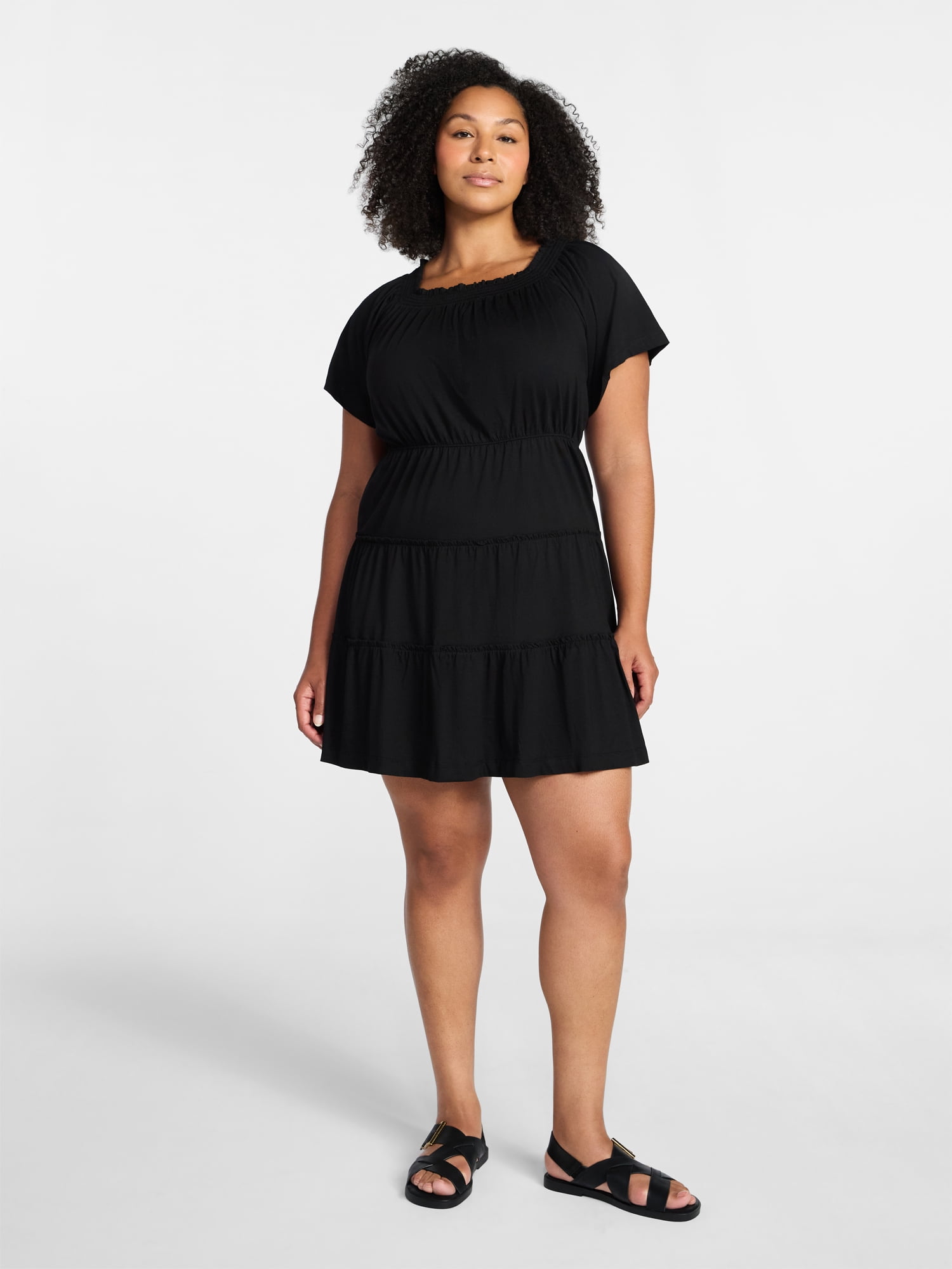 Time and Tru Women's Tiered Cotton Mini Dress with Flutter Sleeves, Sizes XS-XXXL