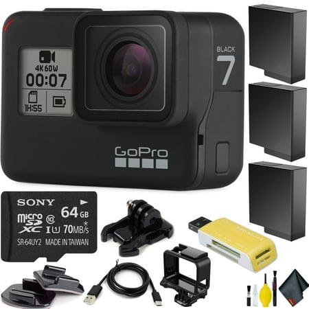 GoPro HERO7 Black + Extra Batteries and Cleaning Kit + 64GB Memory (Best Sd Card For Gopro 3)