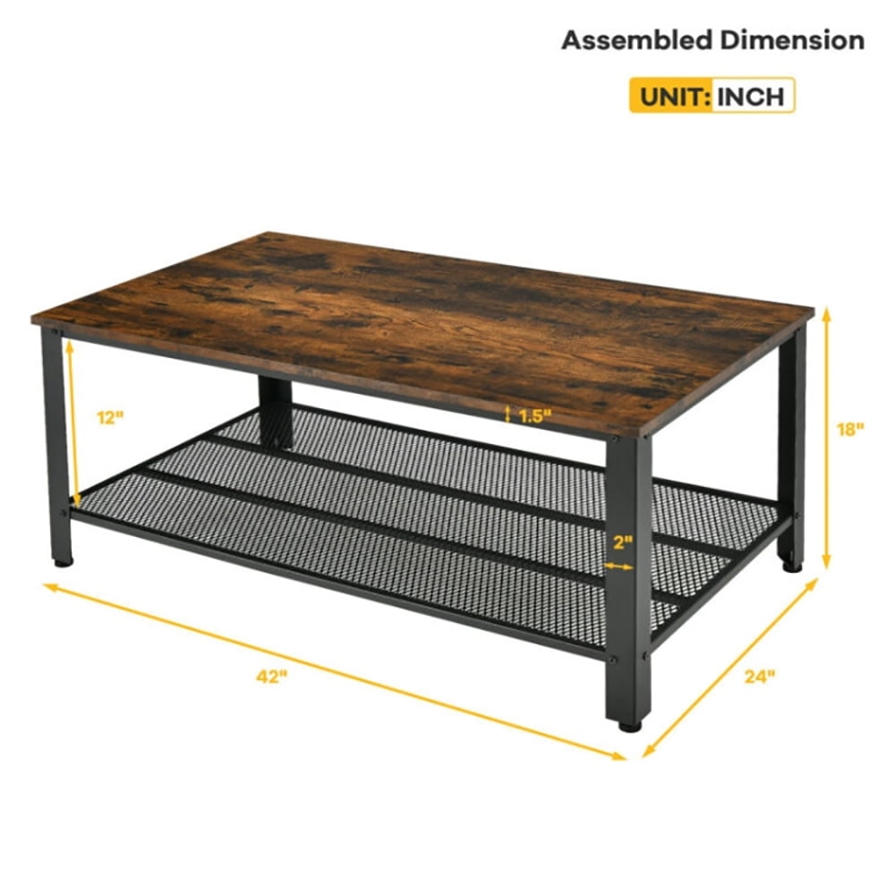 Finihen Wooden Coffee Table, Rectangular Coffee Table, Metal Frame Wood Coffee Table Console Table with Storage Shelf, for Living Room, Reception Room, Office, Rustic Brown