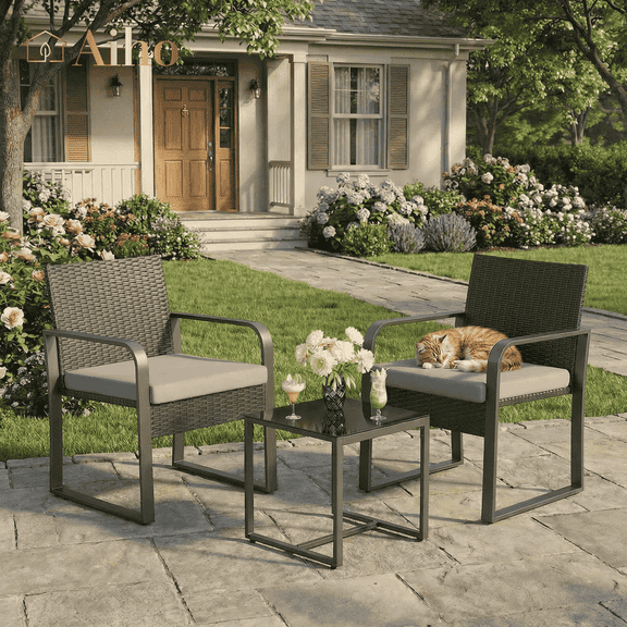 Aiho 3-Piece Wicker Patio Bistro Set, All Weather Outdoor Chairs Set with Glass Top Table & Soft Cushions, Outdoor Furniture for Garden, Backyard, Balcony, Deck - Gray