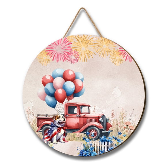 Vintage Patriotic Bulldog 4th of July Independence Memorial Day Round Wood Sign Dog Lover Gifts Idea Hanging Wall Home Decor - 01006