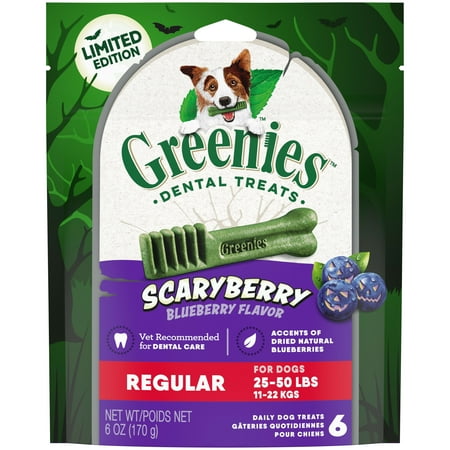 GREENIES ScaryBerry Blueberry Flavor Halloween REGULAR Dental Chew Treats for Dogs, 6 oz. Pouch