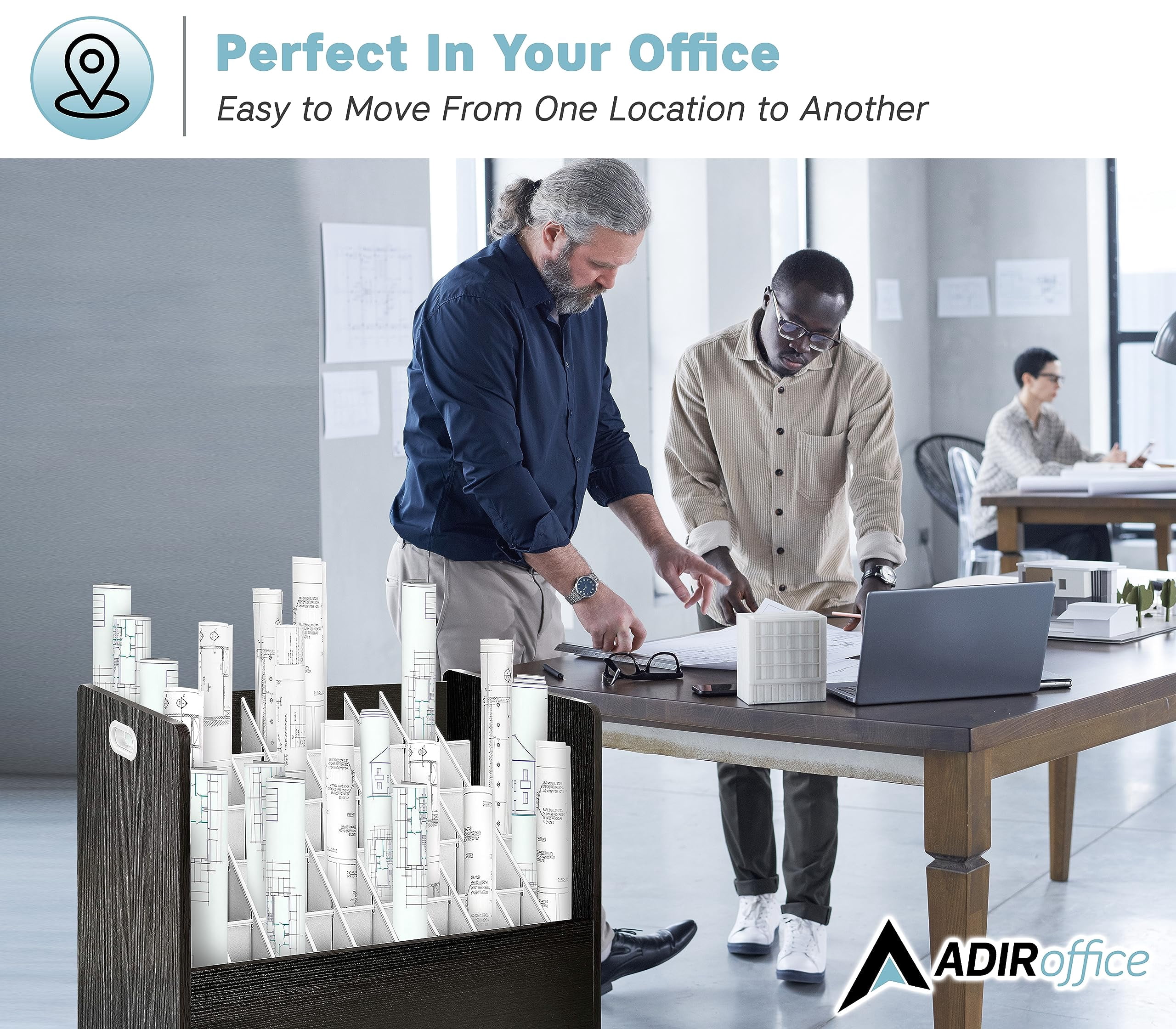 AdirOffice Blue Print Storage Organizer- Mobile Roll File Cart, Construction Plan Holders, Blueprint Cabinet with Wheels (50 Slots, Black)