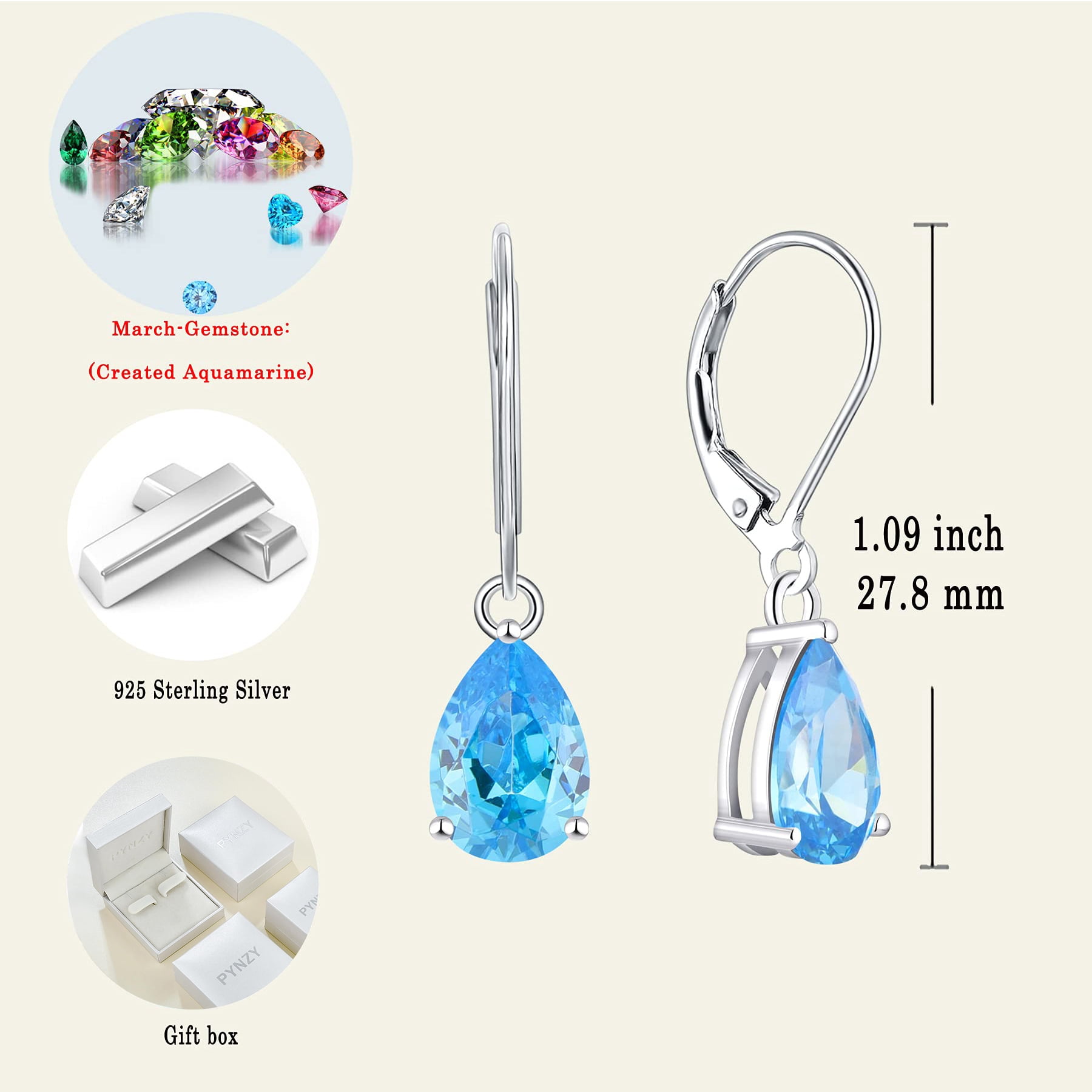 PYNZY Dangle Drop Earrings Sterling Silver Solitaire Leverback Teardrop Earrings for Women Birthstone Created Aquamarine Jewelry Gifts for Moms