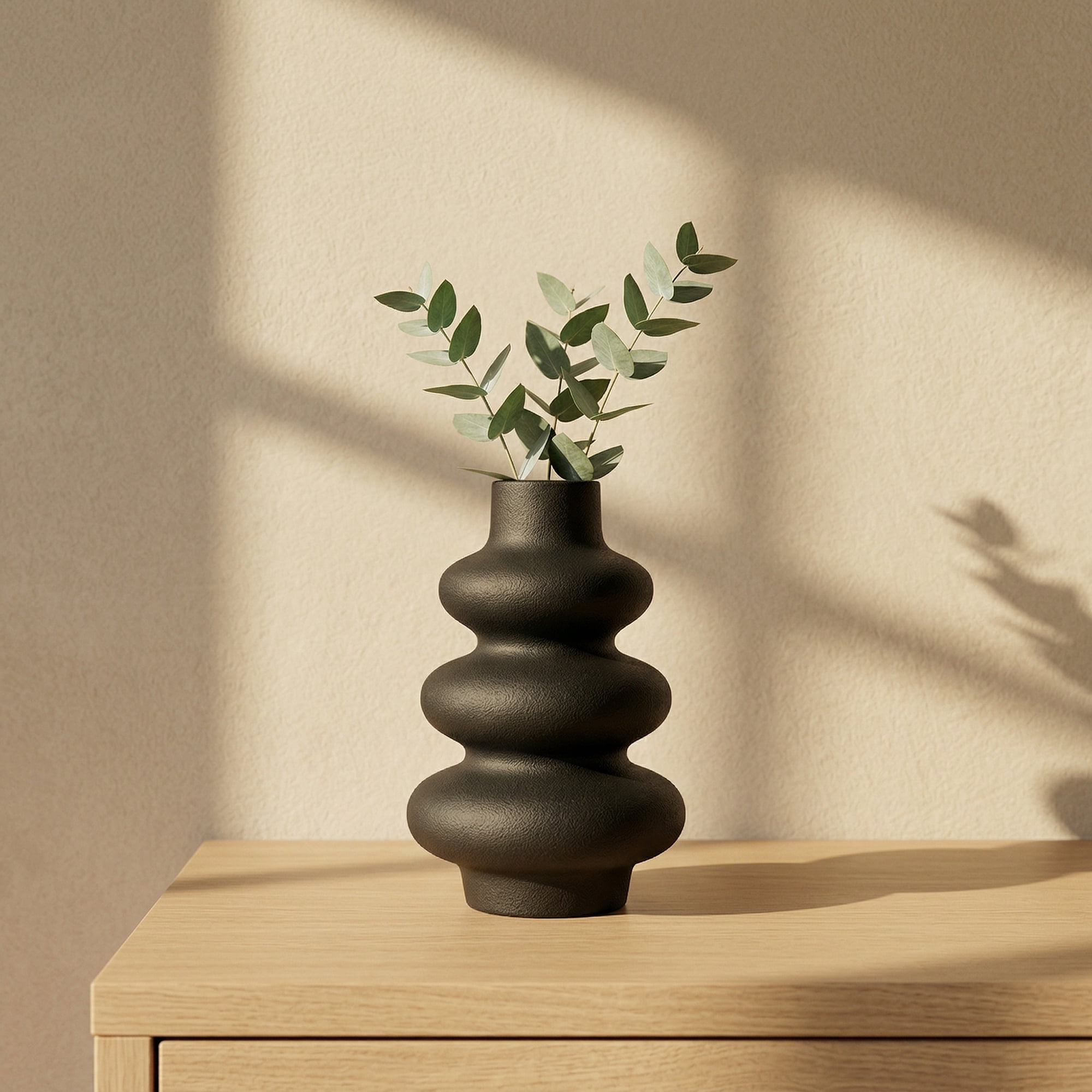 Unique Bargains Ceramic Modern Ripple Textured Decorative Vase Black 5.4"L x 5.4"W x 8"H