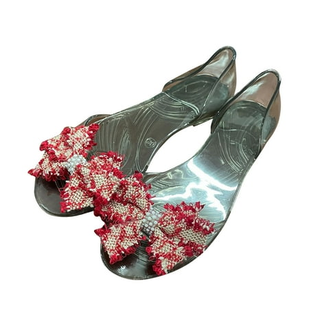 

YanHoo Flat Sandals for Women 2023 Dressy Bow Knot Crystal Open Toe Slip-on Sandals Ladies Summer Casual Cute Shoes