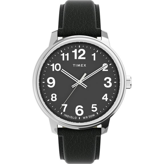 Timex Men's Easy Reader Bold 43mm Watch – Silver-Tone Case Black Dial with Black Leather Strap