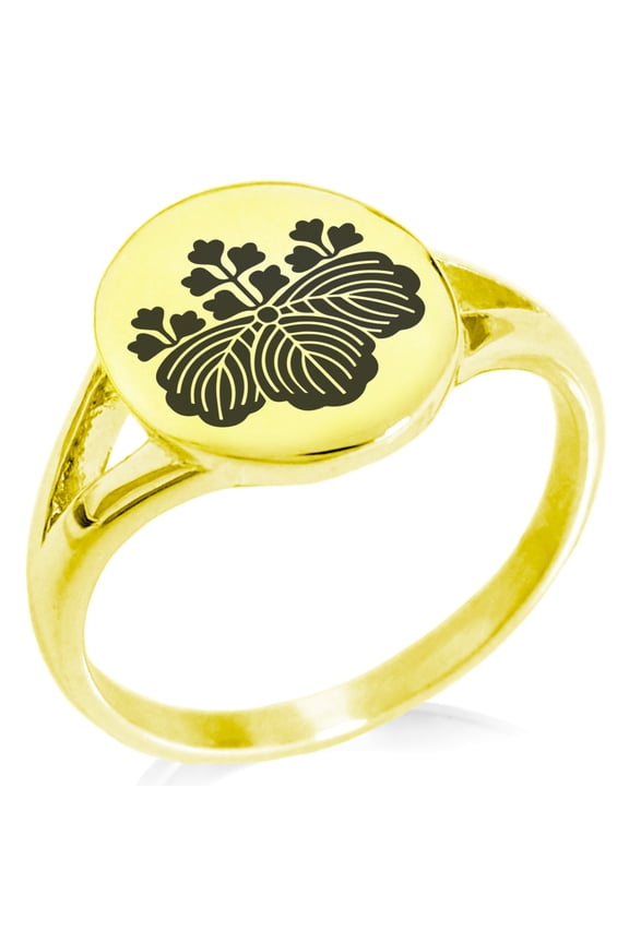 Stainless Steel Toyotomi Samurai Crest Minimalist Oval Top Polished Statement Signet Ring