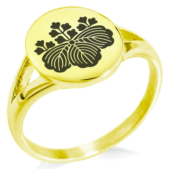 Stainless Steel Toyotomi Samurai Crest Minimalist Oval Top Polished Statement Signet Ring