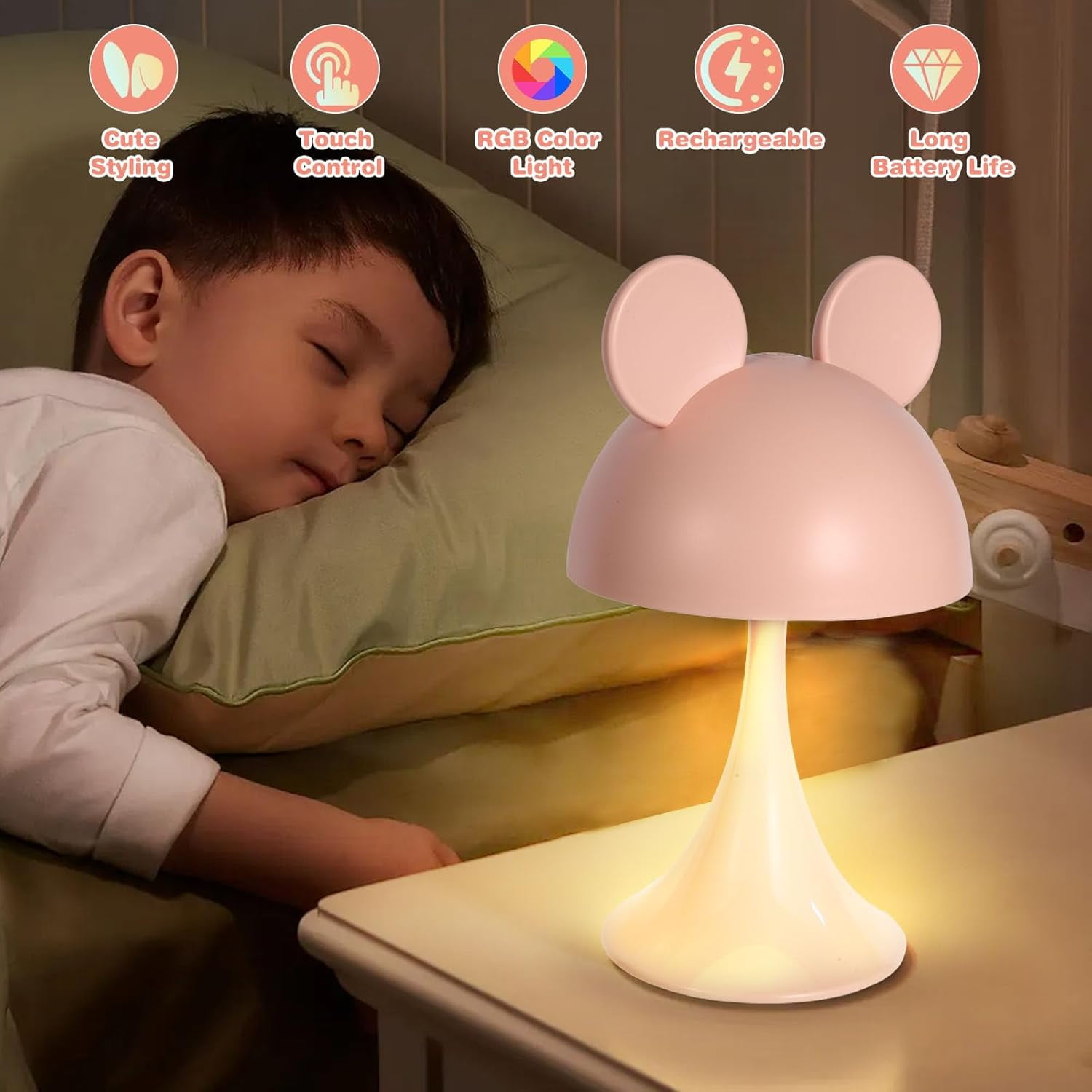 Rechargeable Mouse Shape LED Dimmable Touch Desk Lamp Reading Night Light Cute Bedside Lamp (Pink)