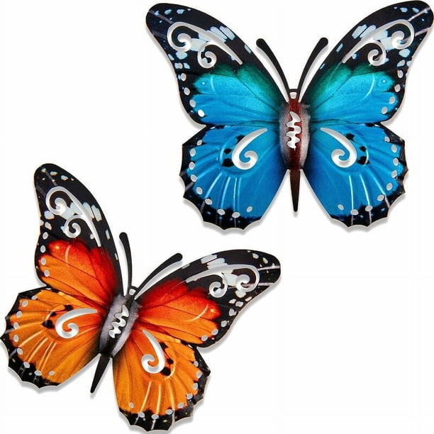 CHAO Piezas Grandes Decoraciones de Jardín de Mariposas de Metal para Exteriores Arte de Pared para Exteriores Mariposas de Metal para Vallas de Paredes Exteriores, 27 x 22 cm (Azul y Amarillo)