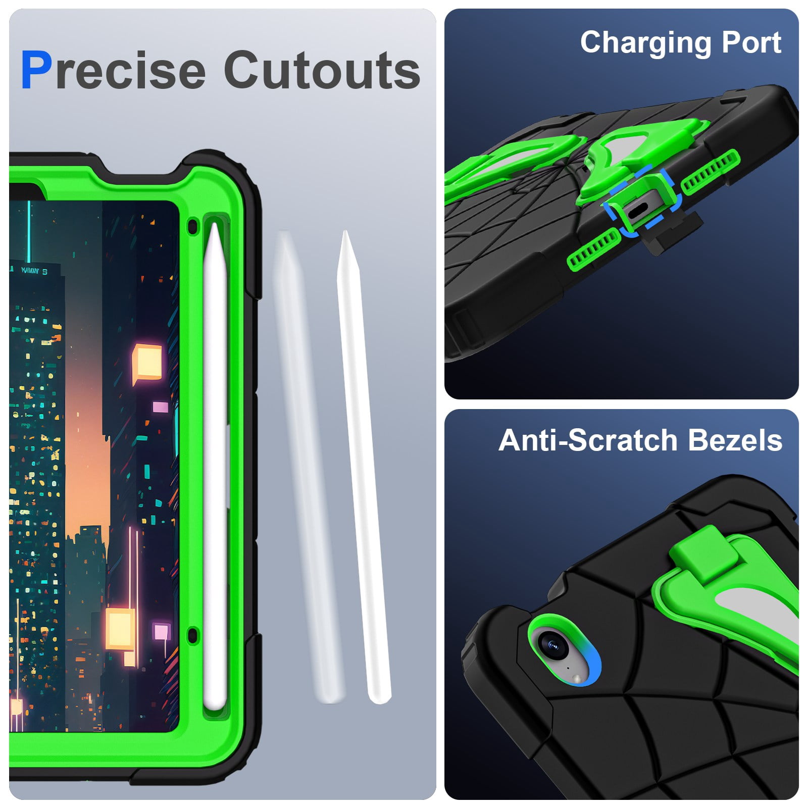 ELEHOLD Kids Friendly Case For Apple iPad mini 7th(A17 Pro) 2024/6th, Heavy Duty Shockproof Rugged Protective Case with Pencil Holder Foldable Kickstand for Boys Children Case, Black+Green