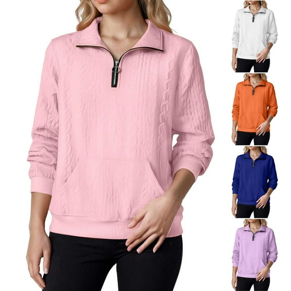 idosla Women's Quilted Sweatshirts Zipper Neck Long Sleeve Textured Solid Casual Loose Fashion Fall Pullover Tops (White, M)