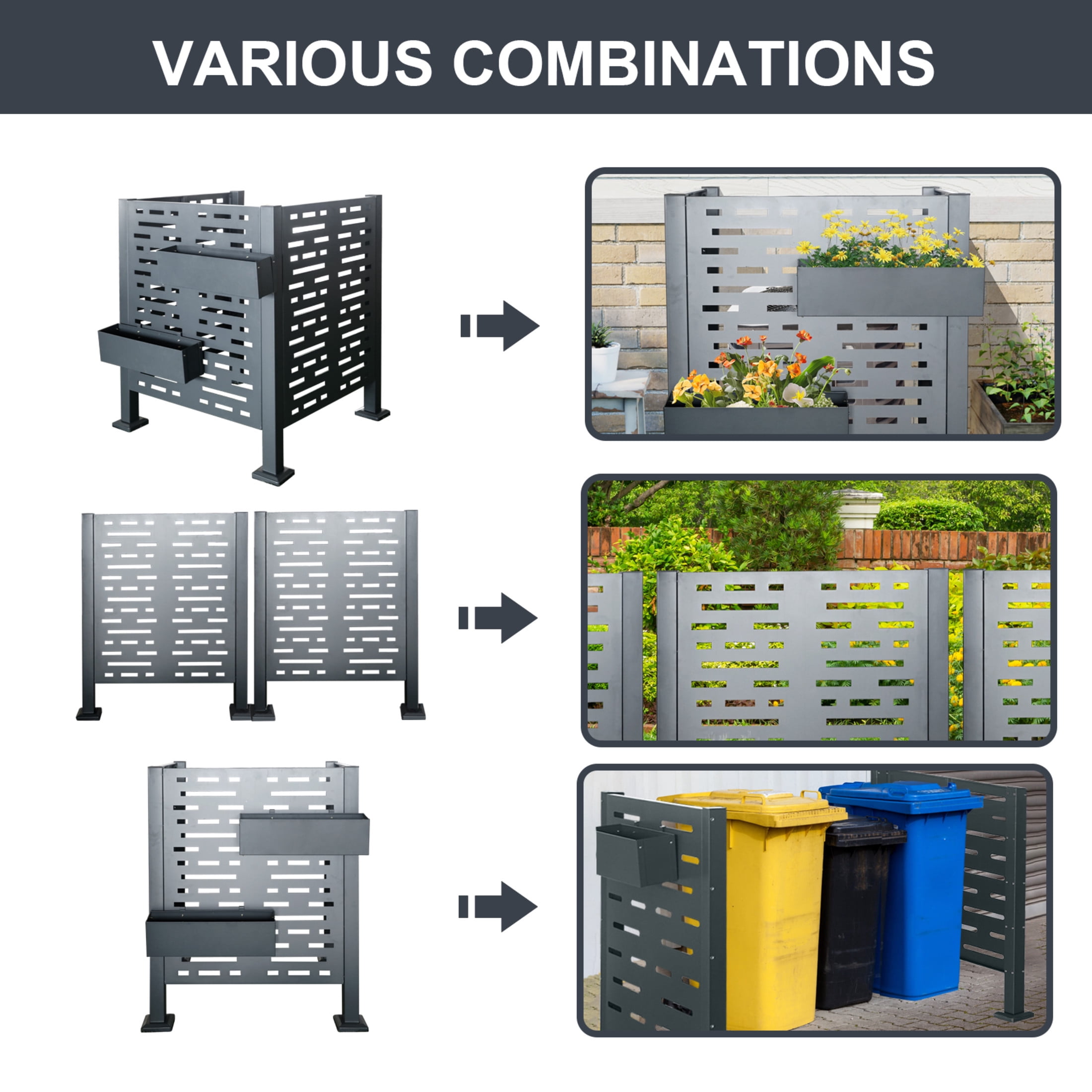 Noble House 3x3 FT Air Conditioner Fence Cover, Galvanized Steel Outdoor Unit Privacy Screen with Planters, Charcoal