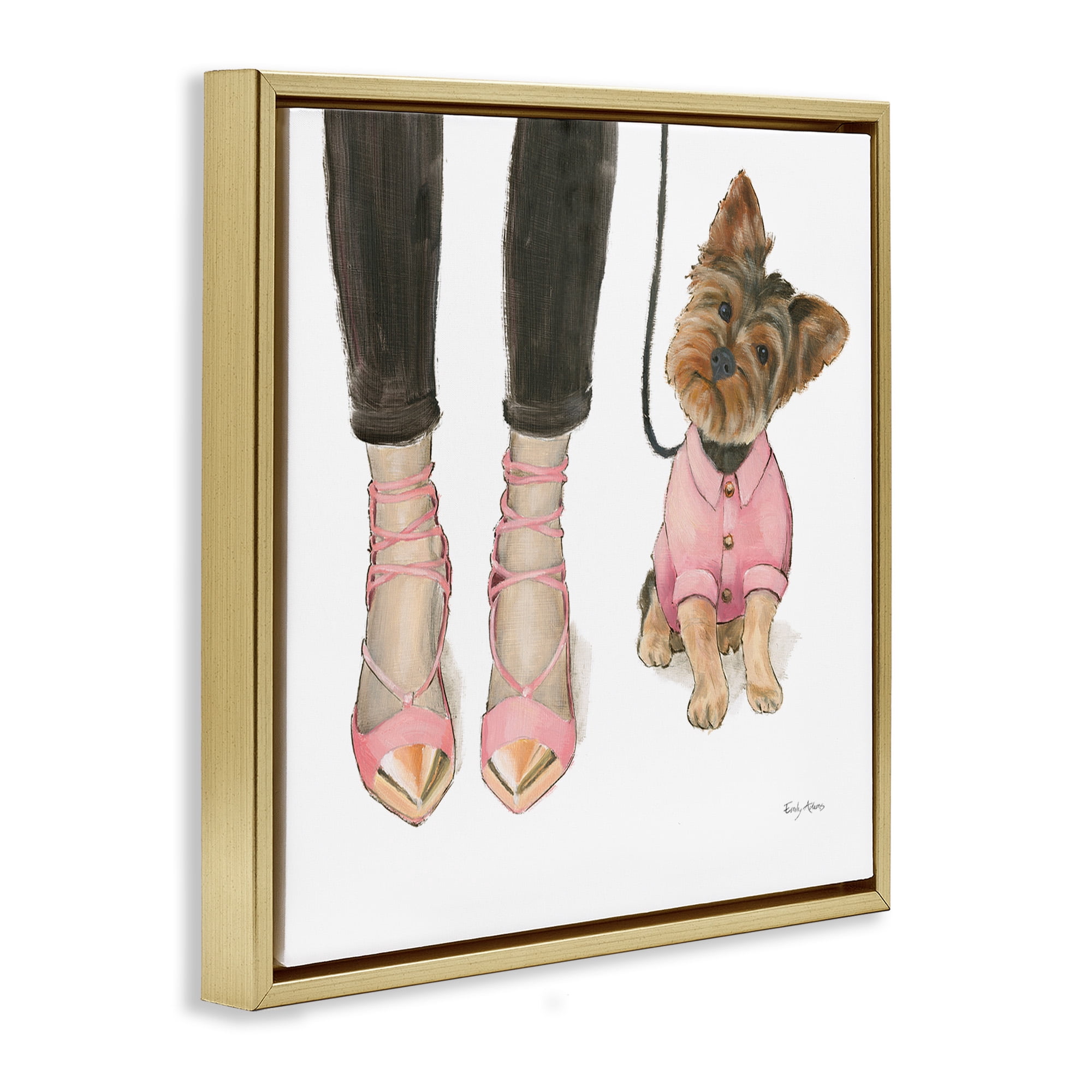 Stupell Industries Glam Dog Walk Pink Heels Beauty & Fashion Painting Gold Floater Framed Canvas Art Print Wall Art, 18 x 18