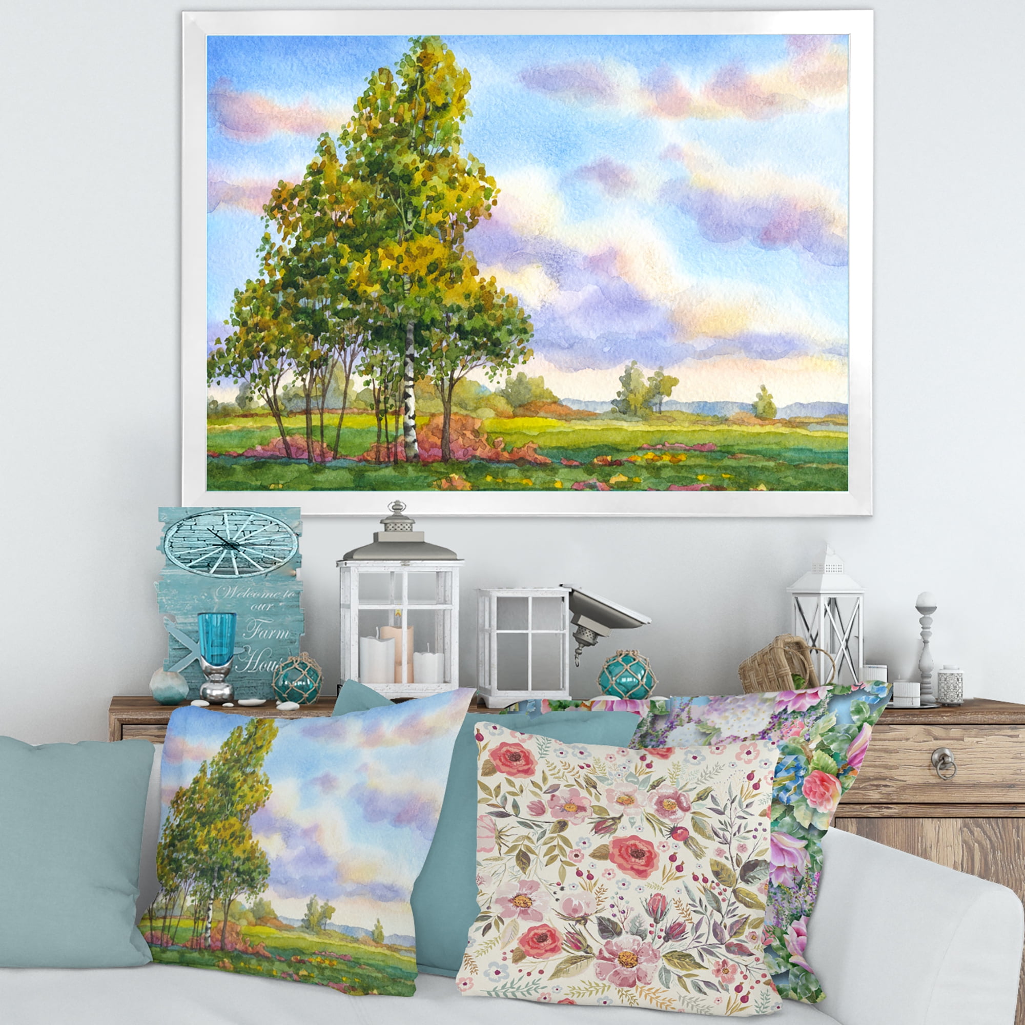 Designart 'The Trees In The Evening Landscape Field ' Traditional Framed Art Print