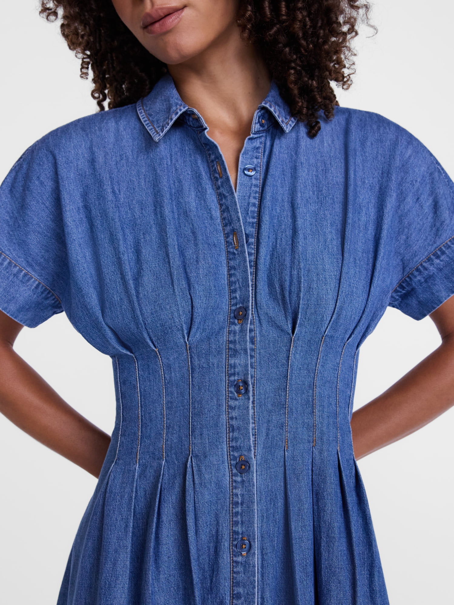 Scenario Women's and Women's Plus Pleated Waist Midi Shirtdress with Short Sleeves, Sizes XS-4X
