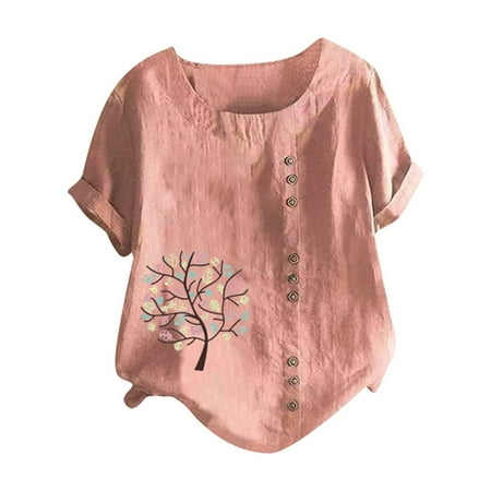 Fsqjgq Womens Summer Tops Corset Top T-Shirt Blouse Vintage Cotton and Linen Blouse Tops Comfortable Short Sleeve Button Top Round Neck Printed T Shirt Tunic Plus Size Graphic Tees for Women 2XL