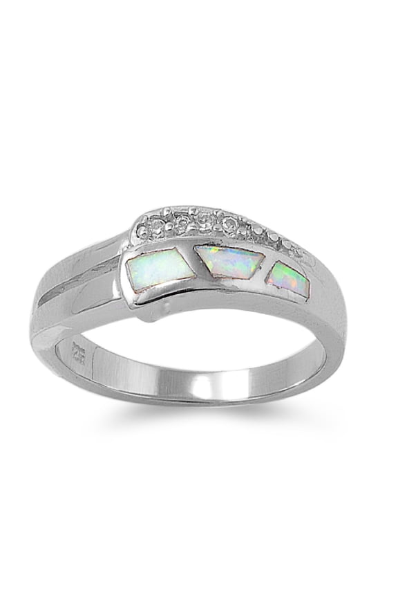 Tri Center Dual Row White Simulated Opal Ring Sterling Silver Size 6