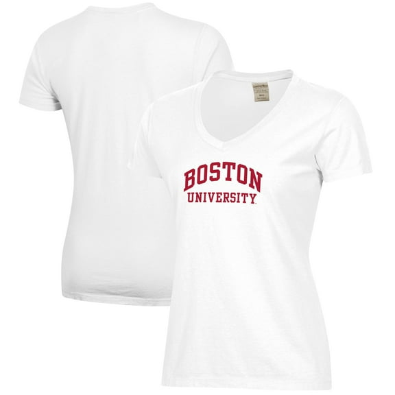 Women's  White Boston University Script Logo Comfort Wash V-Neck T-Shirt