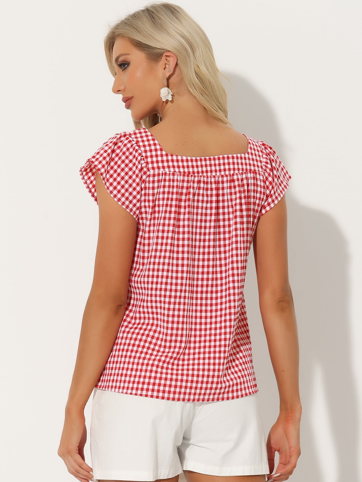 DARING DIVA Women's Summer Square Neck Gingham Cap Sleeves Blouses XL Red