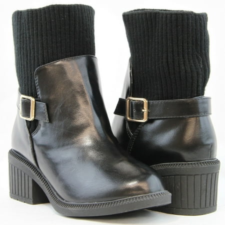 

Women Ankle Booties Knitted Sweater Opening Side Buckle Mid Block Heels Black