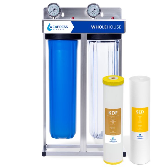 Express Water Heavy Metal Whole House Water Filter – 2 Stage Whole House Water Filtration System – KDF, Carbon Filters – Includes Pressure Gauges, Easy Release, and 1” Inch Connections