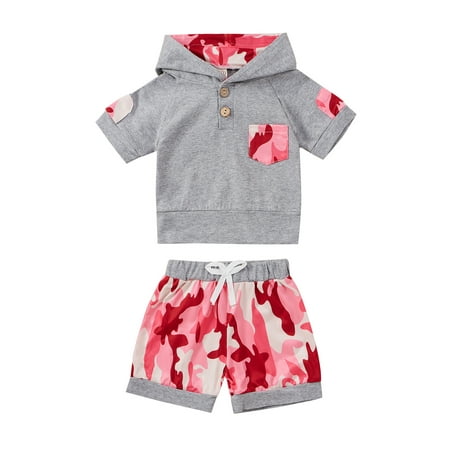 

Infant Baby Summer Tracksuit Camouflage Hooded T-Shirt + Elastic Shorts Set